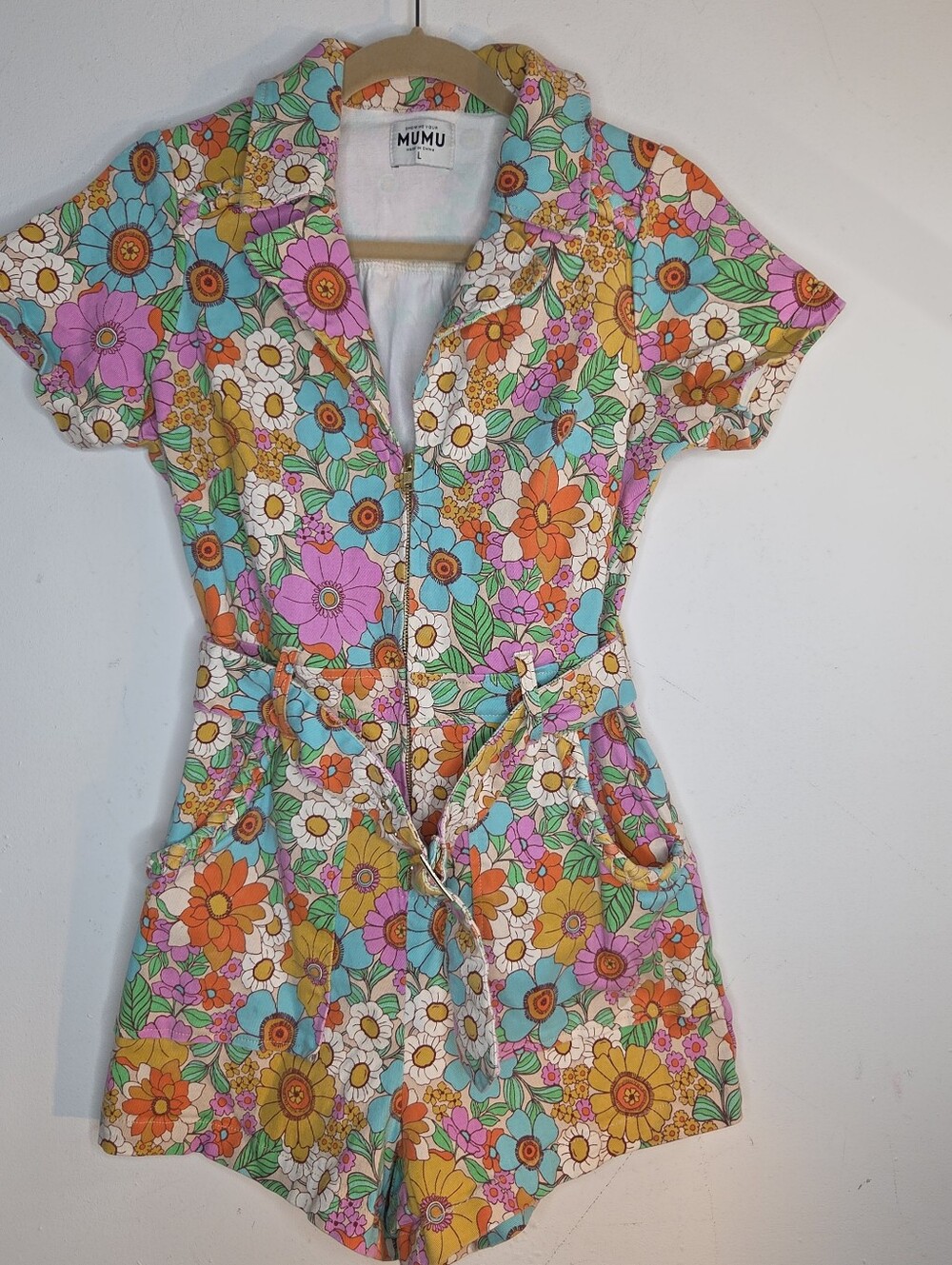 Show Me Your Mumu Outlaw Romper L Flower Market Denim Floral 70s Shorts Boho